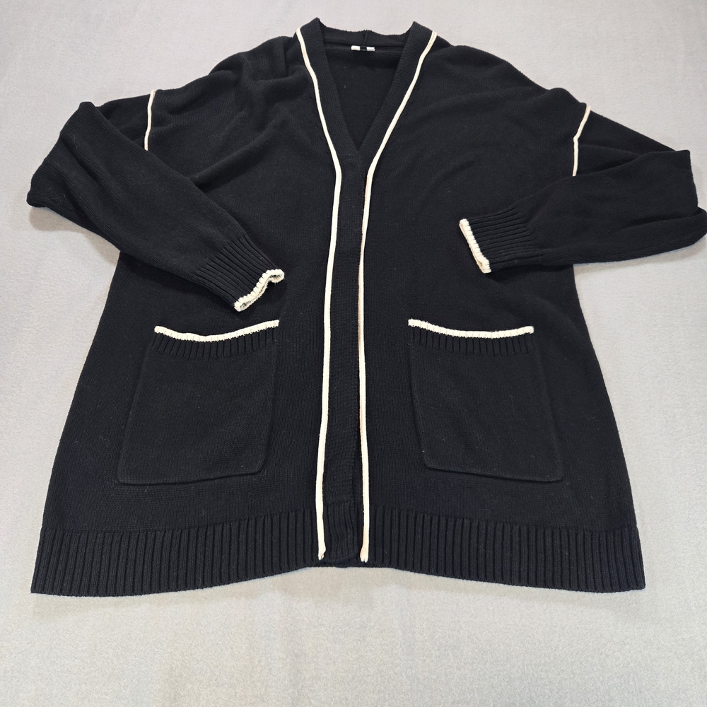 Cabi Cardigan Womens Large Black White Contrast Trim Open Front Knit Style 5633